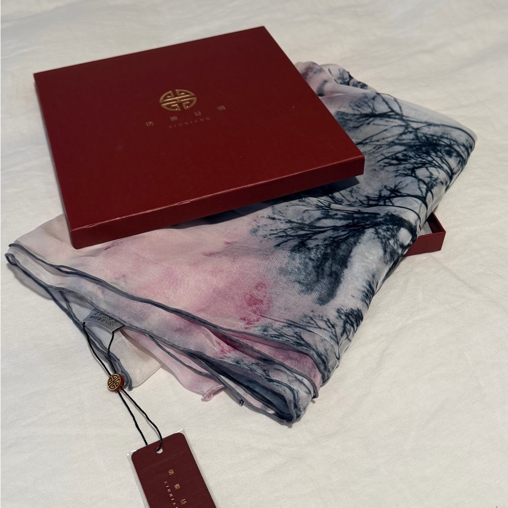 Elegant Pink and Black Tree Print Scarf - Picture 3 of 9